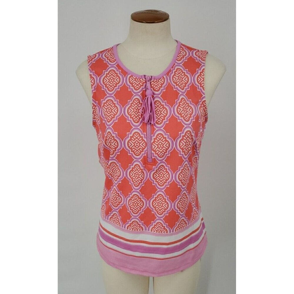 CABANA LIFE Womens Geo Tassel Zip Neck Sleeveless Rash Guard Sz  Medium